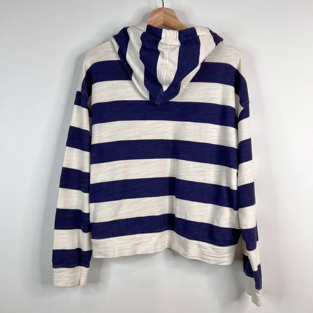 J. Crew Vintage Cropped Hoodie Medium Stripe Vintage Terry Navy Blue White AJ621